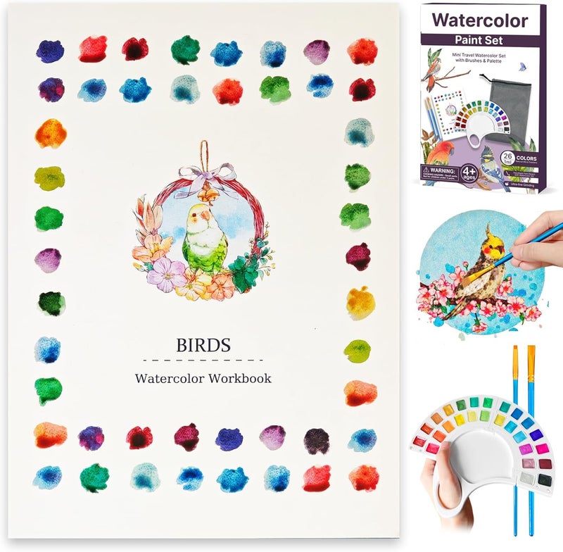 DPDPPL Watercolor Workbook, Water Coloring Book with 13 Pages 300GSM Paper, 26 Colors Watercolor Paint Set with Brush & Storage Bag, Beginner-Friendly Coloring Book for Adults - Birds Theme Art Kit - Image 1